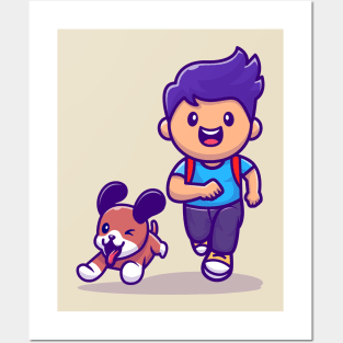 Cute Boy Running With Dog Cartoon Posters and Art